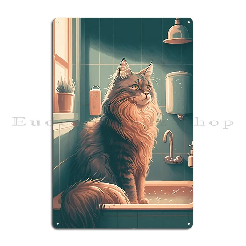 Maine Coon Cat In Bathroom Retro Metal Sign Poster Printing Printing Cave Cave Garage Tin Sign Poster