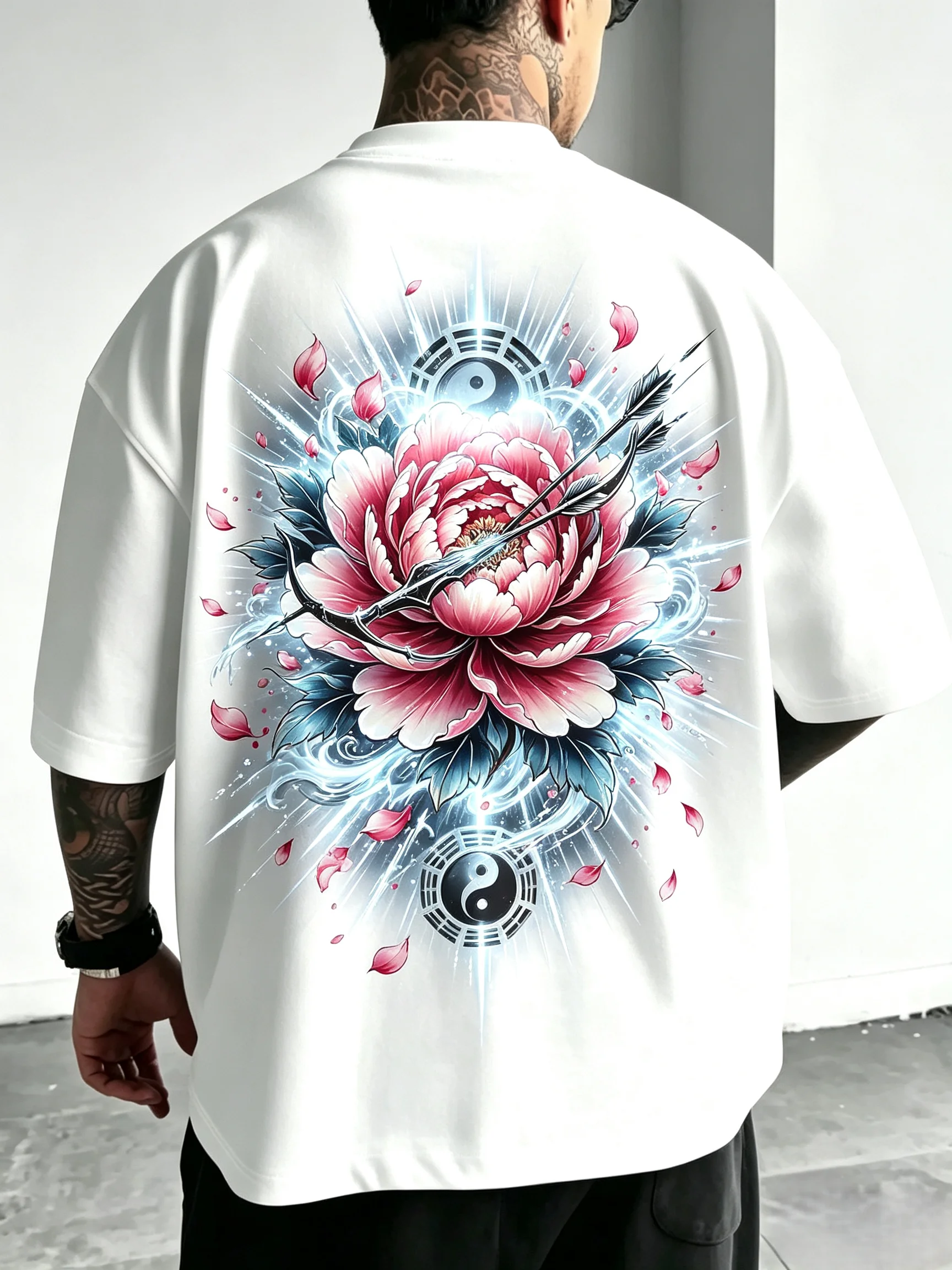Unisex Oversized T‑Shirt Yin Yang Bagua Peony Bow Arrow Glowing Water Ripple Petals Oriental Back Print Hip Hop Streetwear Short Sleeve Tee Men Women