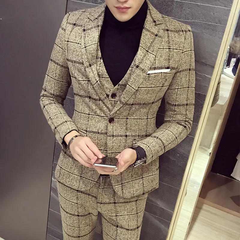 Jackets Vest Pants 2023 Men Plaid Business Blazers Male Slim Fit Pure Cotton Three-piece Suit 3 Pcs Set Plaid Groom Dress M-5XL