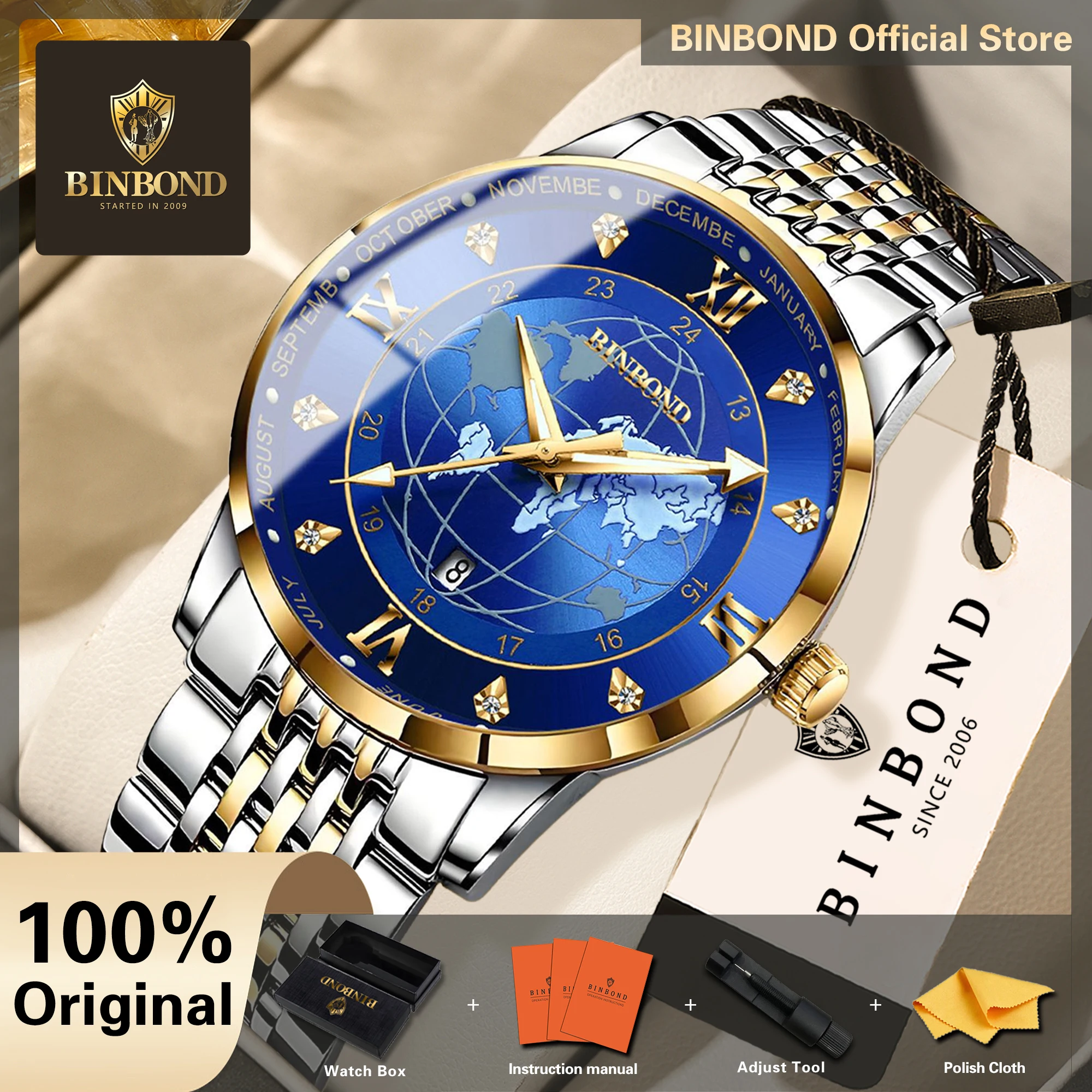 BINBOND Orginal Earth Quartz Watches For Men Luxury Luminous Waterproof Men's Watch Stainless Steel Regalos Para Hombres +Box