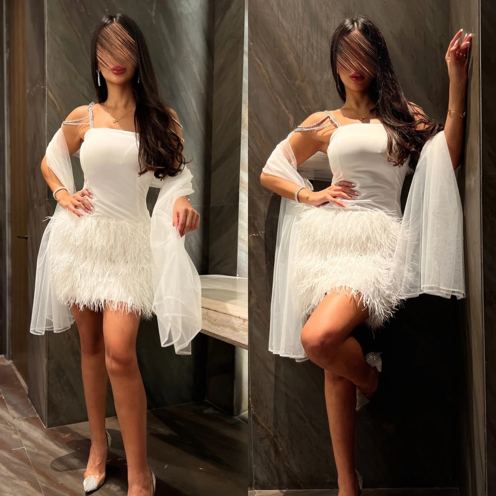 

Sexy High Quality Spaghetti Strap A-line Party Feathers Paillette / Sequins Tulle Mini Skirts Satin Cocktail