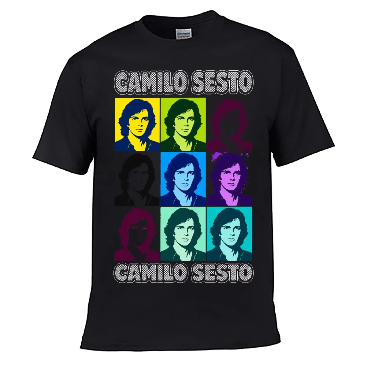 Camiseta Vintage Camilo Sesto Pop Art con Retrato en Cuadrícula, Lavado Sólido y Efecto Desgastado, Corte Holgado
