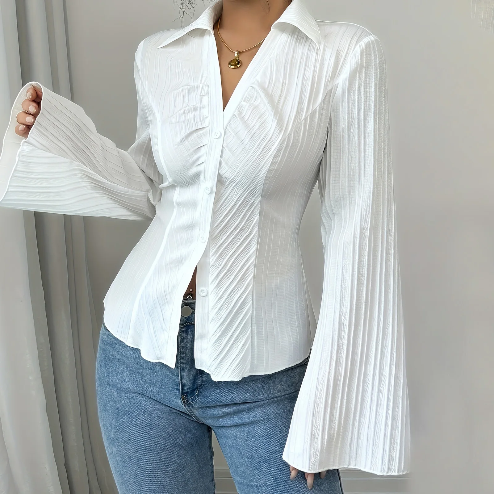 Vintage Damen-Plisseehemden, modische einfarbige Glocke, lange Ärmel, Revers, V-Ausschnitt, Knopfleiste, Bluse