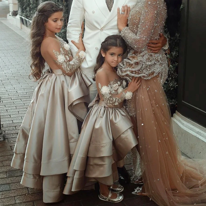 Vestidos de satén con estampado de flores champán para niña, bordado con lazo, manga larga para boda, cumpleaños, banquete, vestidos de princesa