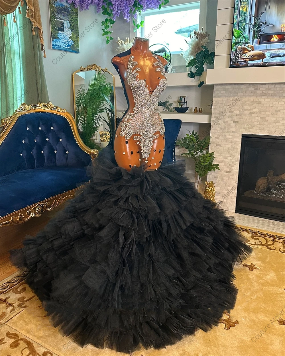 Coll Black Tulle Train Rhinestone Prom Dresses 2025 Black Girls Birthday Party Dress Mermaid African Evening Gown Customized