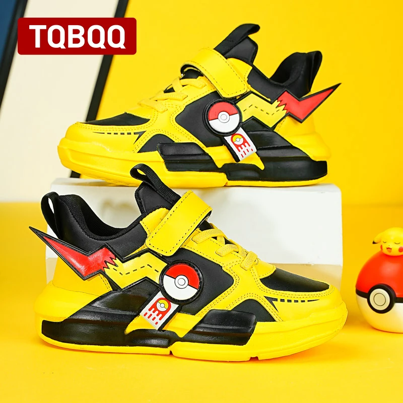 Kid's Leather Pikachu Sports Sneakers Boy's and Girl's Fashion Casual Shoes Children's Outdoor Slip On Sneakers