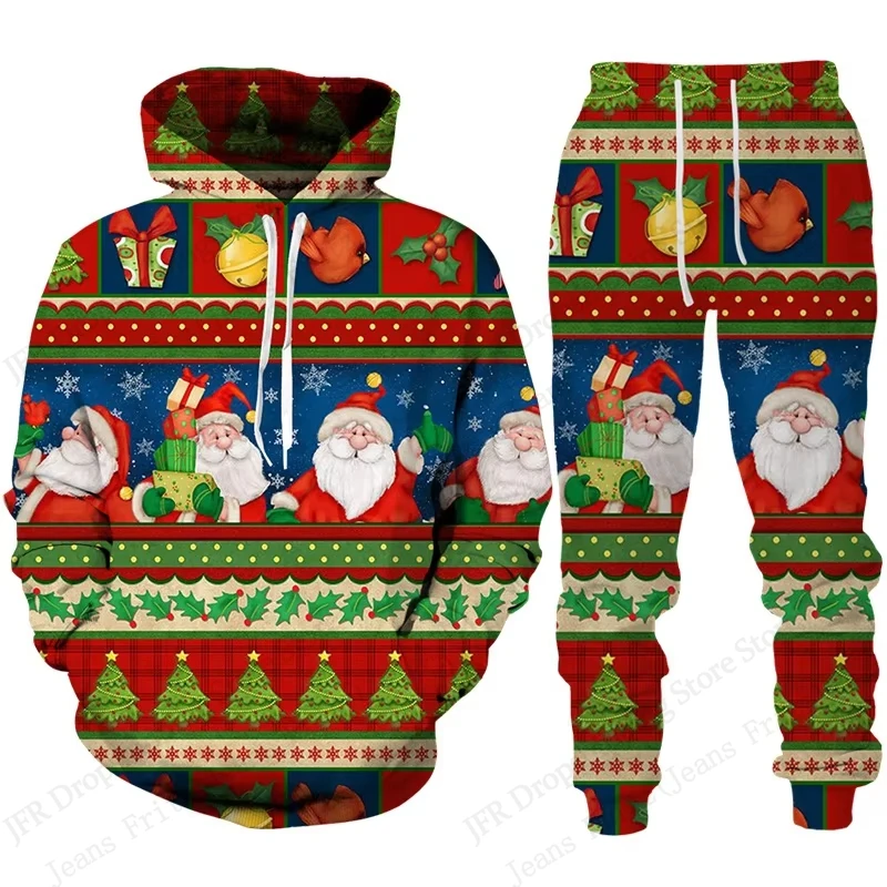 Funny Santa Claus Print Men's Hoodies Suit 3D Christmas Snowman Pattern Breathable  Sweatshirt + Sweatpants 2-piece Set Clothing