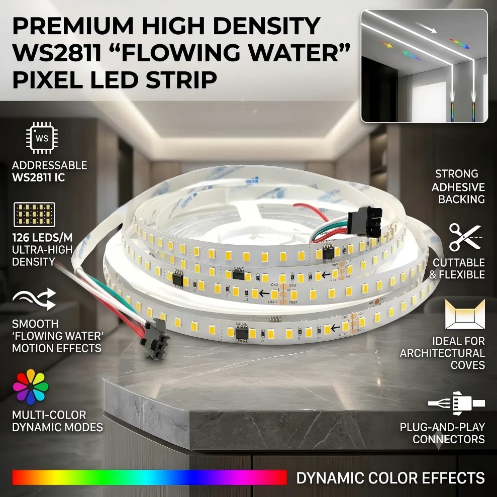WS2811 Smart LED Strip SMD2835 DC24V 126LEDs/M Running Water Flowing Light IP30 Flexible Tape with Wireless Controller 5M/10M
