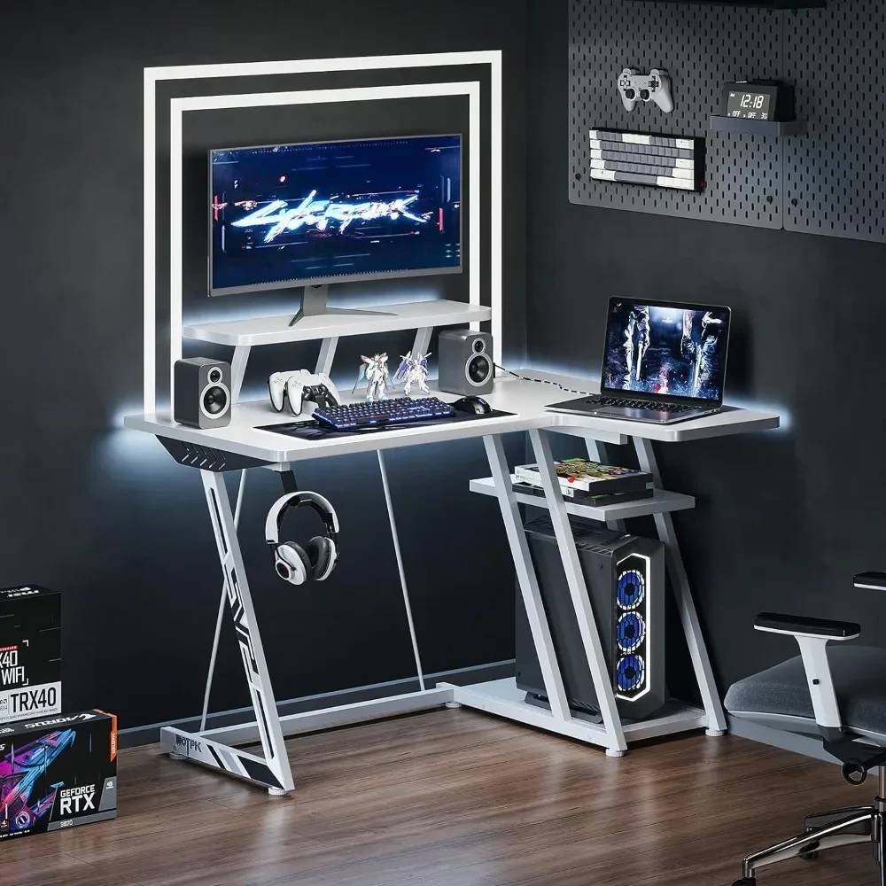 Corner Gaming Desk with Storage Shelf & Power Outlets,Computer Desks with Monitor Shelf,L Shaped with Carbon  Surface,White