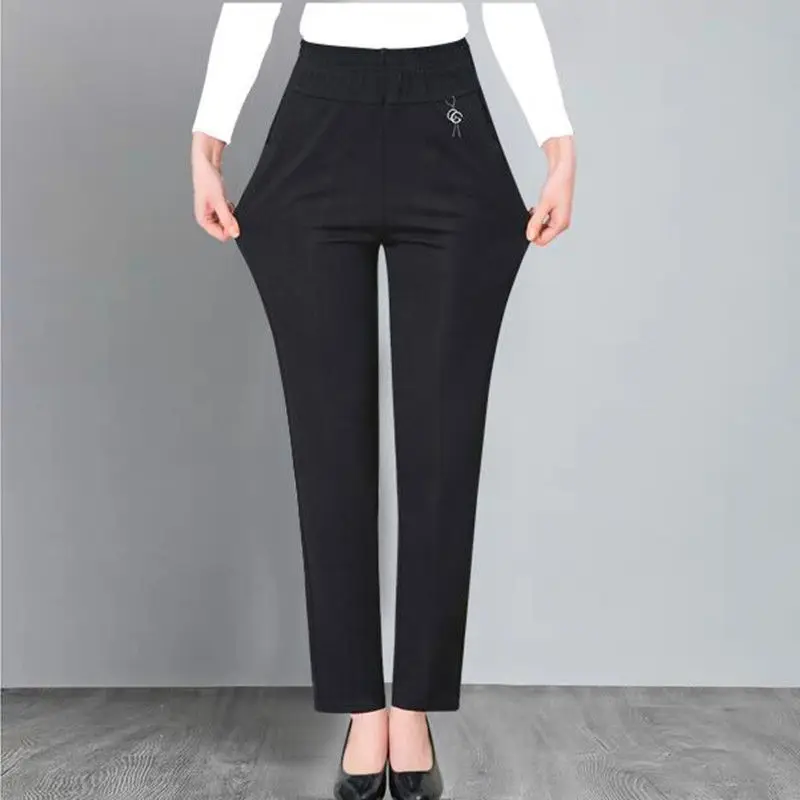 

Women's Clothing Elastic High Waist Pockets Rivet Solid Striped Casual Elegant Spring Autumn Pencil Straight Trousers Pants