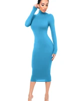 Hiver noir col roulé Sexy femmes robe automne à manches longues maigre Midi Boydcon décontracté bleu peluche genou longueur fête Club 1