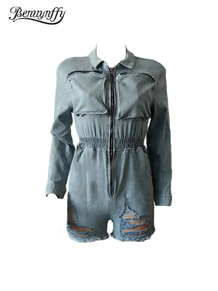 

Benuynffy Zipper Front Ripped Cargo Denim Jumpsuit Romper Women's Autumn New Street Long-sleeved Washed Elastic Jumpsuit Shorts