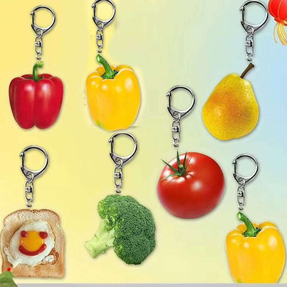 Simulation Little Tomato Broccoli Bread Keychain Lifelike Vegetable Fruit Food Model Car Key Ring Backpack Fashion Decor Gift