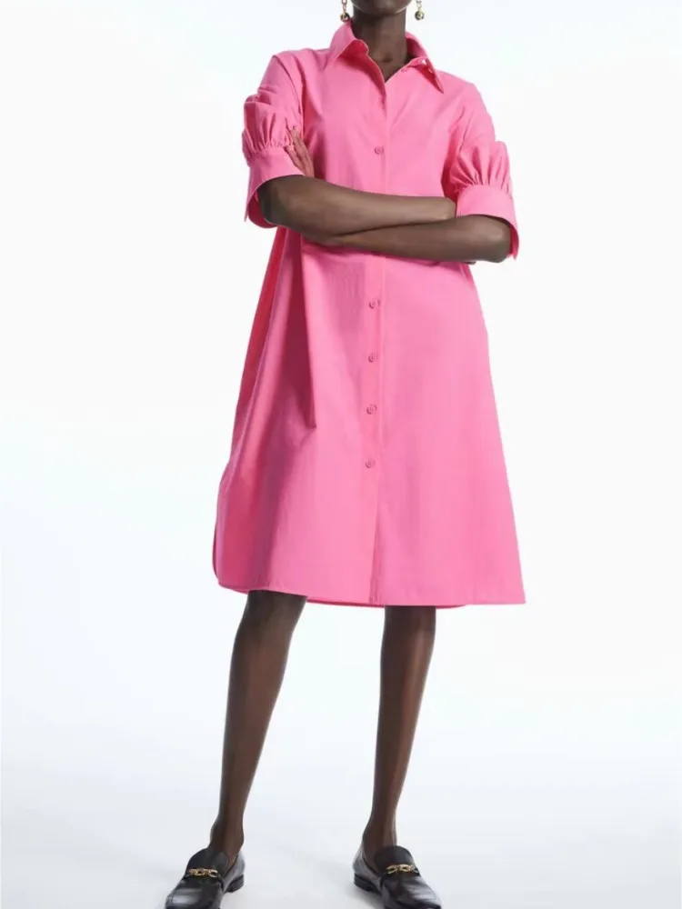 

Women Solid Color Shirt Dress Cotton Pleated Puff Sleeve Ladies Casual Loose Turn-down Collar Single Breasted Short Dresses 2023