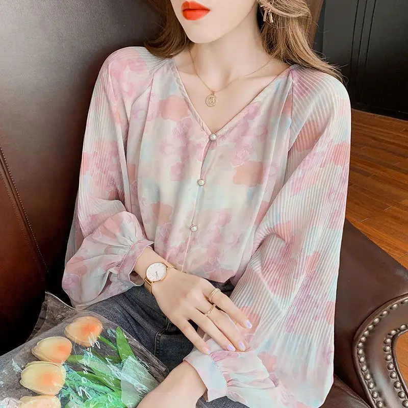 Floral Print V Neck Sweet Chic Pleated Street Button Shirts Casual Loose Long Sleeve Top Blouse Women Blusas Mujer De Moda 2023