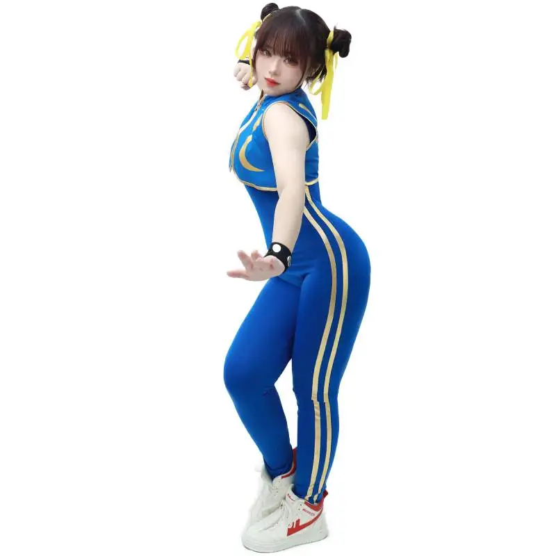 DAZCOS Games Chun Li Cosplay Costume Blue Bodysuit Battle Game Bodysuits Women Girls Chun-Li Suit with Bracelet and Hair Ties