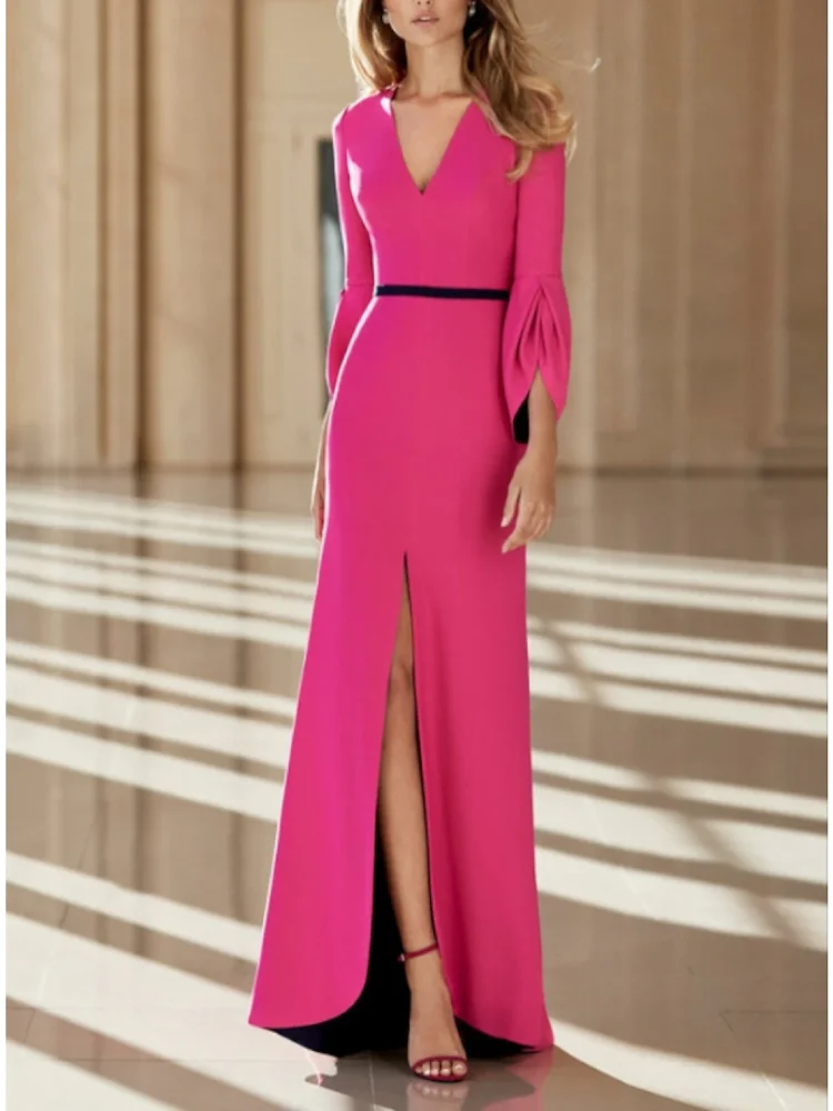 Sheath Mother of the Bride Dress Formal Party V Neck Sweep Train Asymmetrical Stretch Fabric Long Sleeve with Split Evening Gown