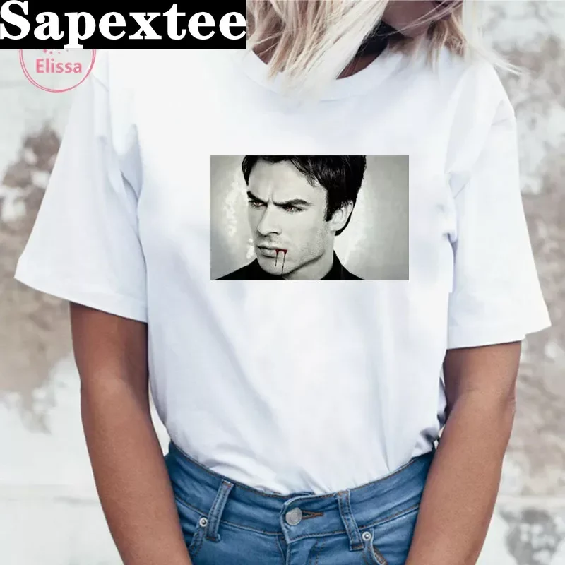 Damon salvatore the vampire diaries Chronicles vampiricas t-shirt tshirt Women T shirt 90s Cool Women T-shirt Streetwear Tops