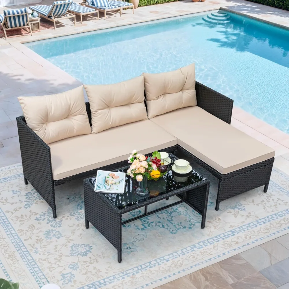 

3 Piece Patio Furniture Set Outdoor Wicker Rattan Sectional Sofa with Cushions & Coffee Table for Yard, Customized