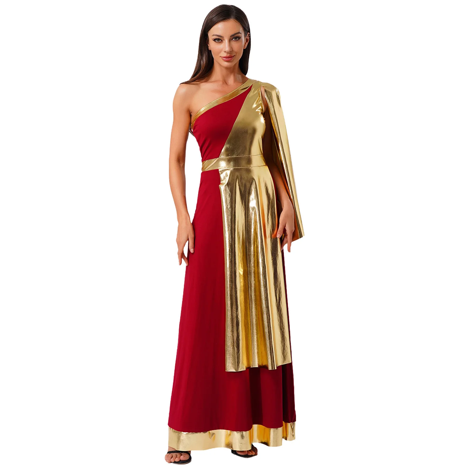 

Halloween Women Ancient Greek Roman Princess Beauty Cosplay Tunic Dress One Shoulder with Drape Sleeveless Toga Dress Costume