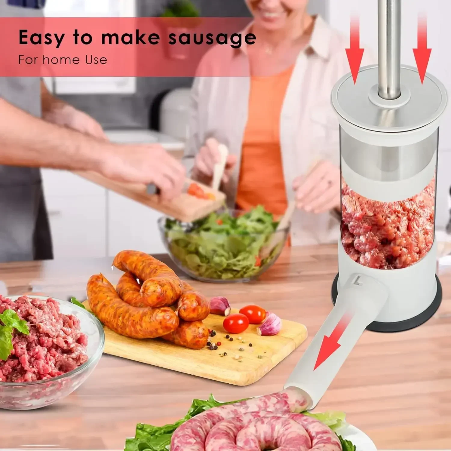 Sausage Stuffer Machine Stainless Steel Homemade Sausage Maker with 4 Stuffing Tubes Household Kitchen Meat Stuffer Filling Tool