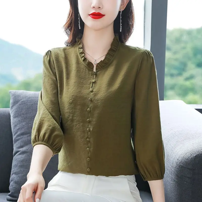 Fashion Elegant Blouses Solid Color Patchwork Button Ruffled Three Quarter Sleeve Summer Thin Simplicity Women\'s Clothing 2023