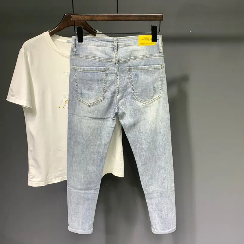 Summer Autumn Korean Designer Luxury Clothing Embroidered Slim Pencil Jeans Men Vintage Washed Casual Streetwear Cotton Trousers