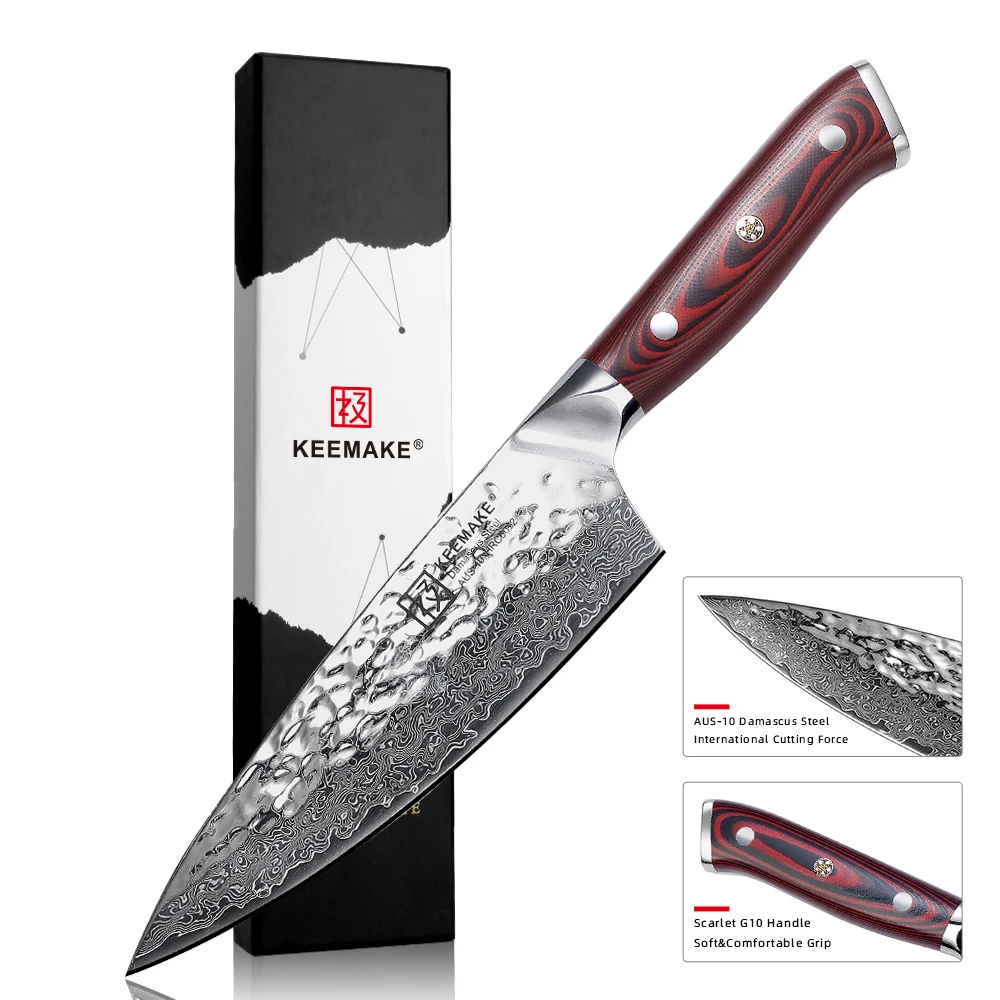 

KEEMAKE 6.5" Damascus Steel Chef Knife Japanese AUS10 Core Hammer Blade G10 Handle Kitchen Chef's Cooking Knives Gift Sharp Cut