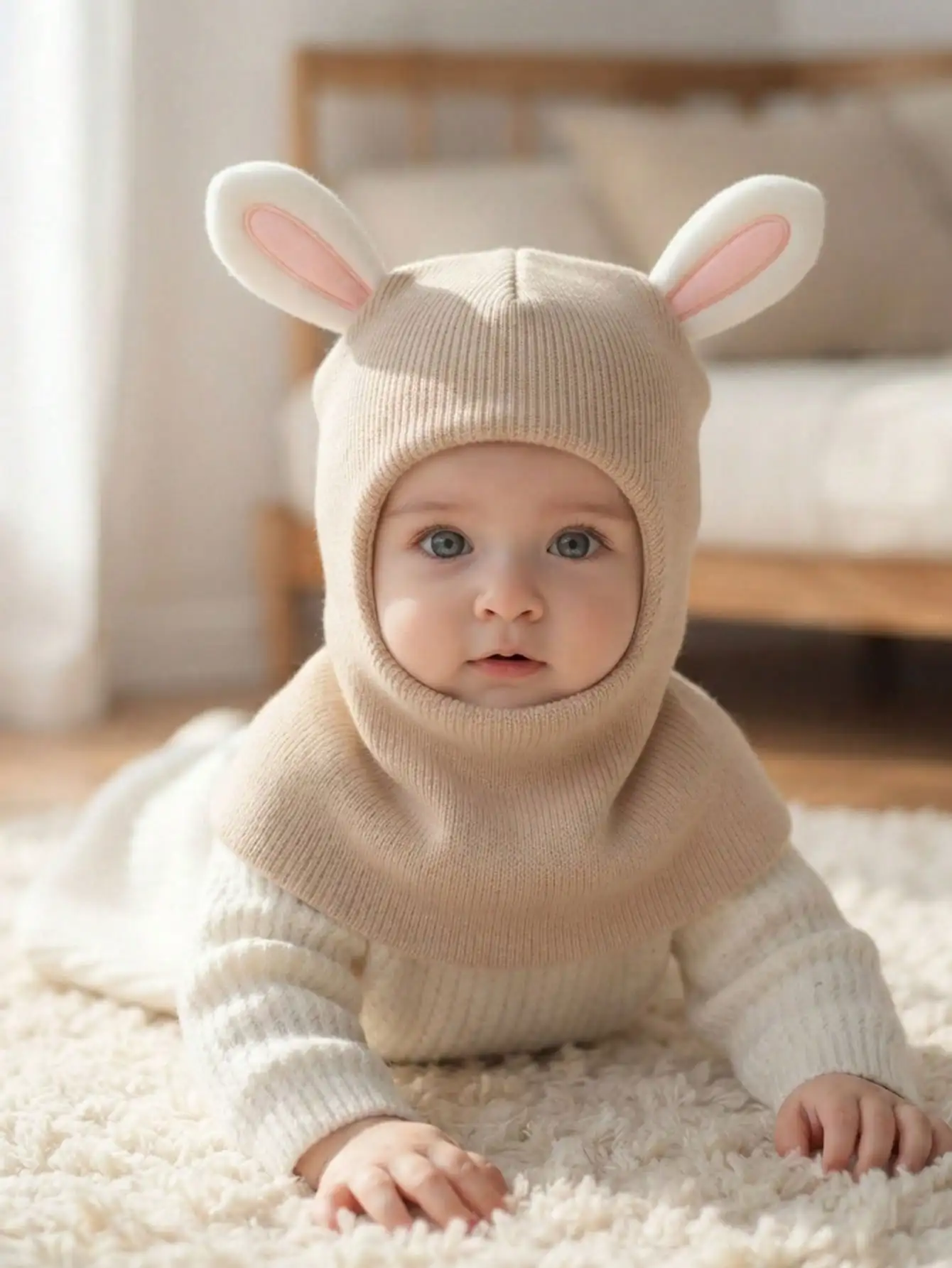 1 Stück 6M-4Y Kleine Mädchen 3D-Kaninchen-Balaclava-Strickmütze, Niedliche Kaninchenohren Weiche Leichte Kinderkopfbedeckung für den Alltag – Detail 7
