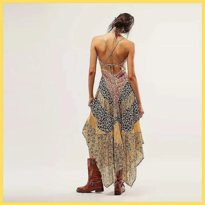 Vintage Backless V-Neck Sleeveless Long Dress, Elegant Pleated Print Party Dress for Women