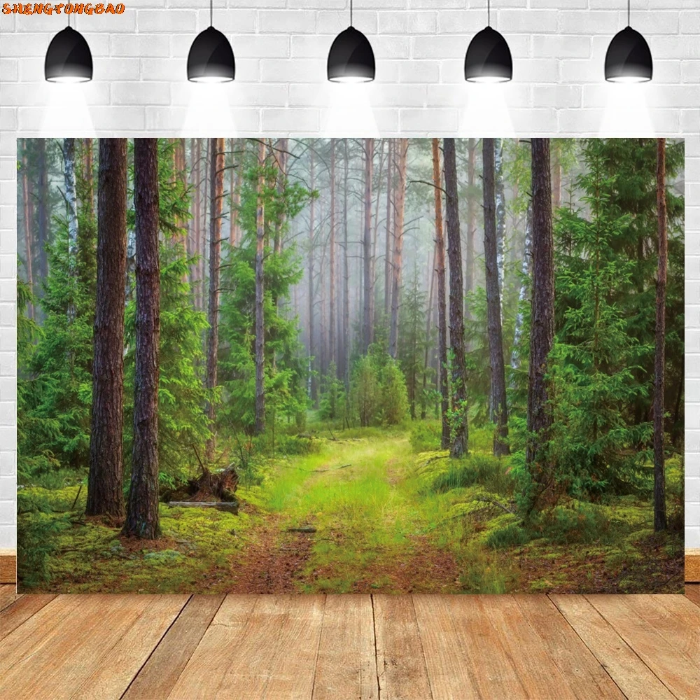 Spring Green Forest Backdrop Trees Grass Land Sunlight Kids Birthday Party Outing Portrait Photography Background Wall Decor