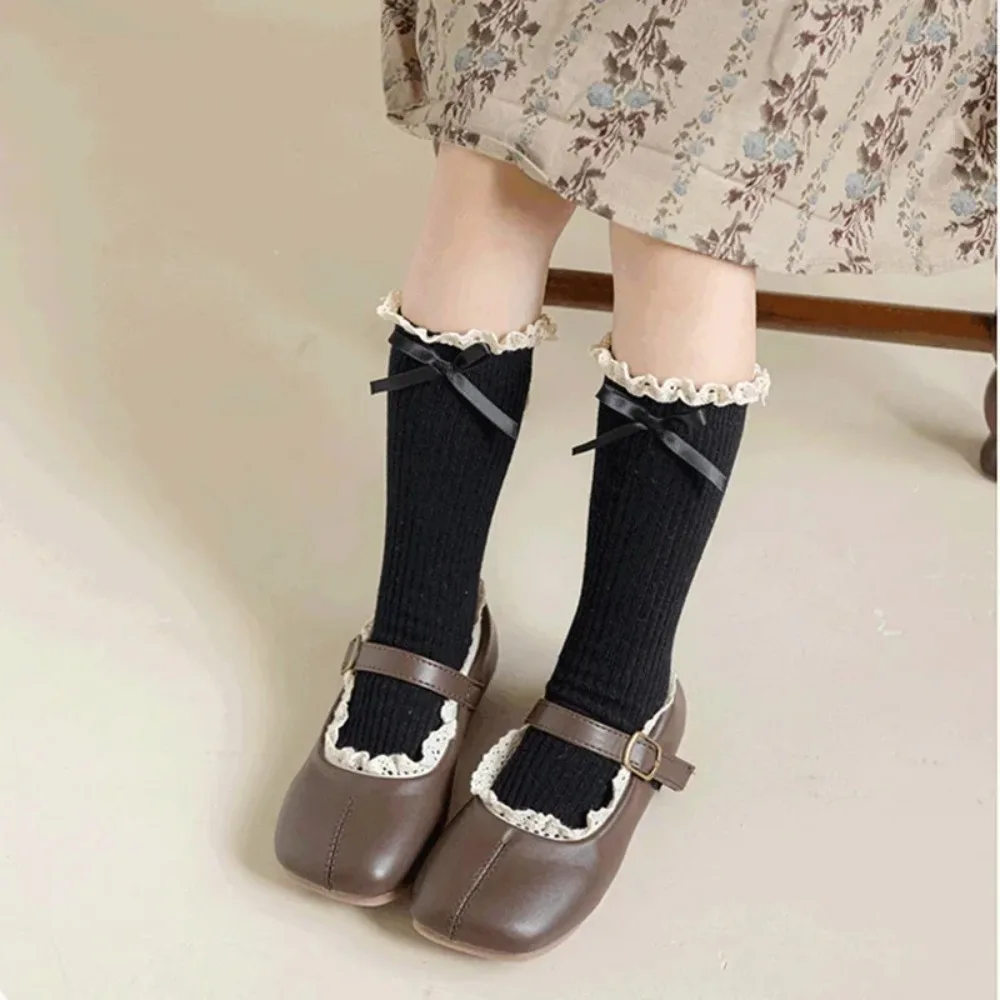 Kids Lace White Socks for Girls Retro Lace Ruffle Bow Calf Socks for Children Spring Autumn Soft Cotton Lolita School Stockings