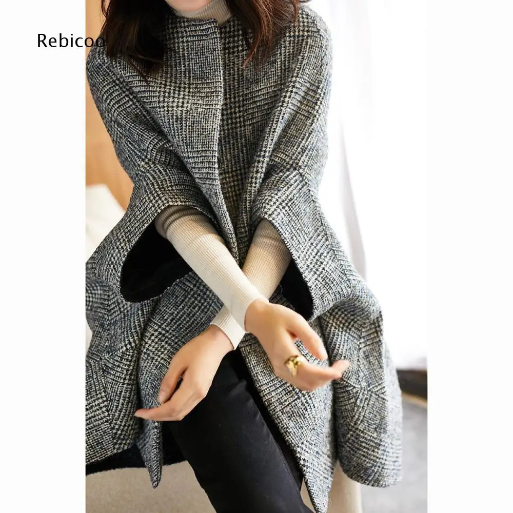 Women Checkered Wool Blend Cape Style Coat Stand Collar Open Front Batwing Sleeve Relaxed Mid Length Outer Garment