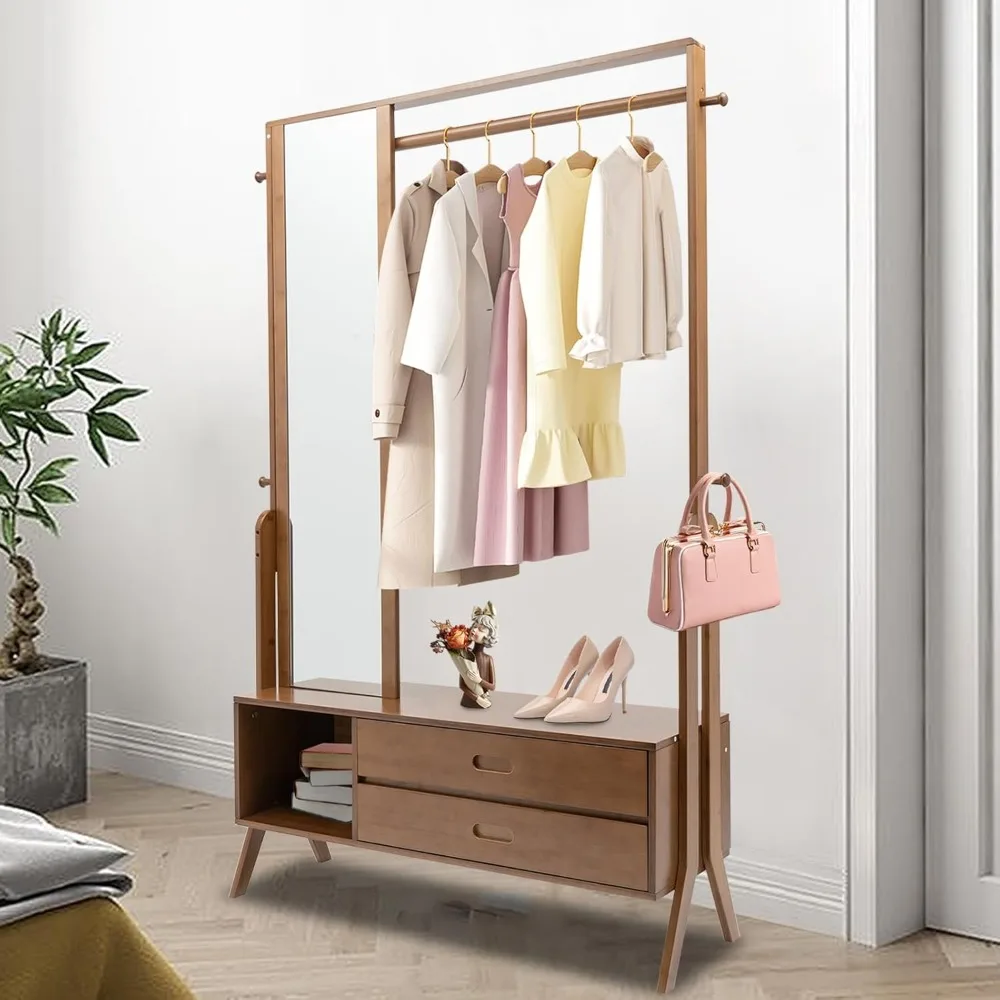Bamboo Heavy Duty Free Standing Closet Organizer with 2 Drawers and Mirror, Open Wardrobe Storage Solution