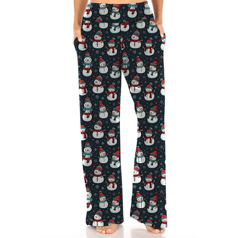 Christmas Cute Cartoon Graphic 3D Printed Wide Leg Pajama Pants Women Elastic Waist Loose Comfy Soft Holiday Casual Sleepwear
