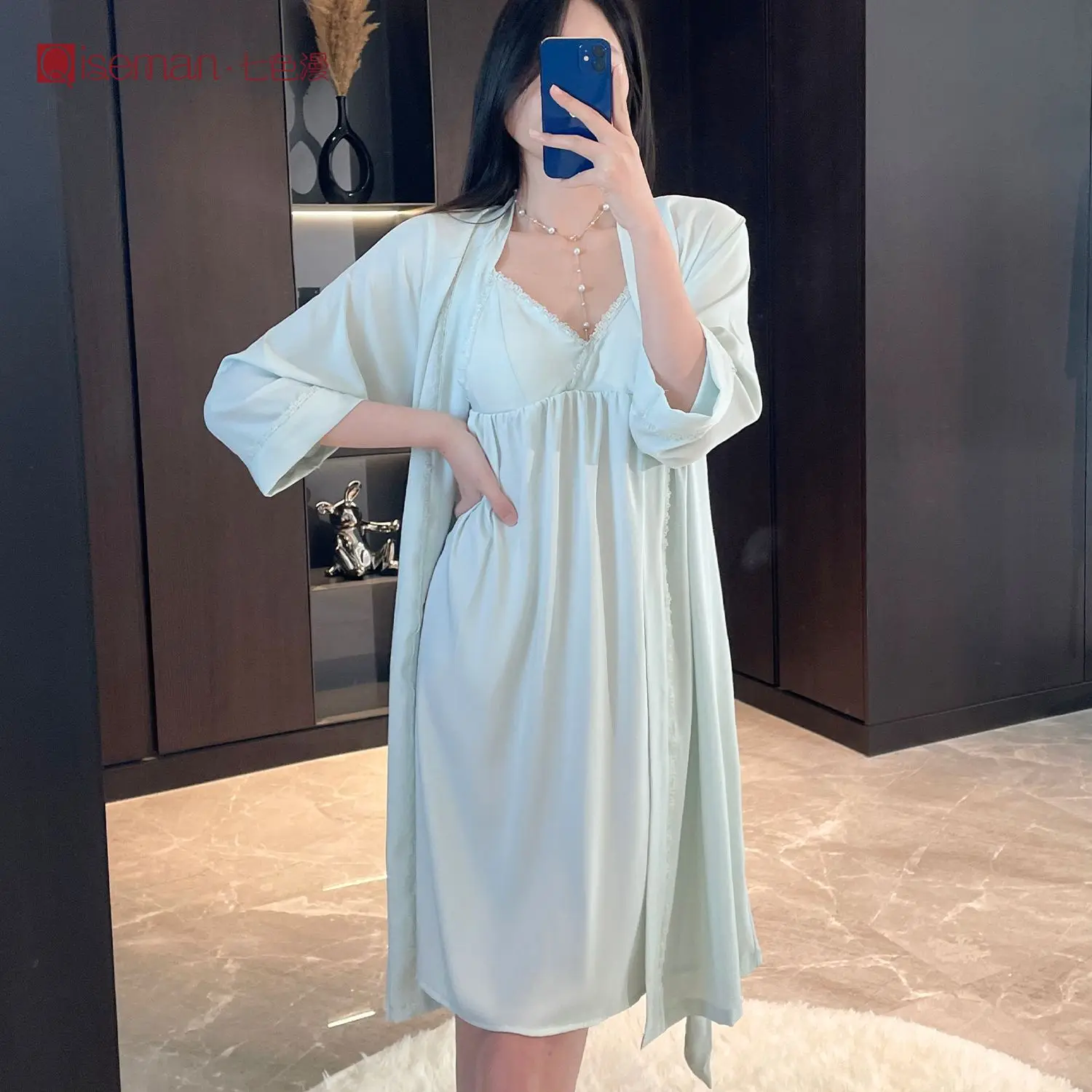 

2Pcs Satin Chiffon Bathrobe Gown Set Women Lace Sleepwear Robe Nightgown Suit Spring Summer Nightdress Kimono Loungewear