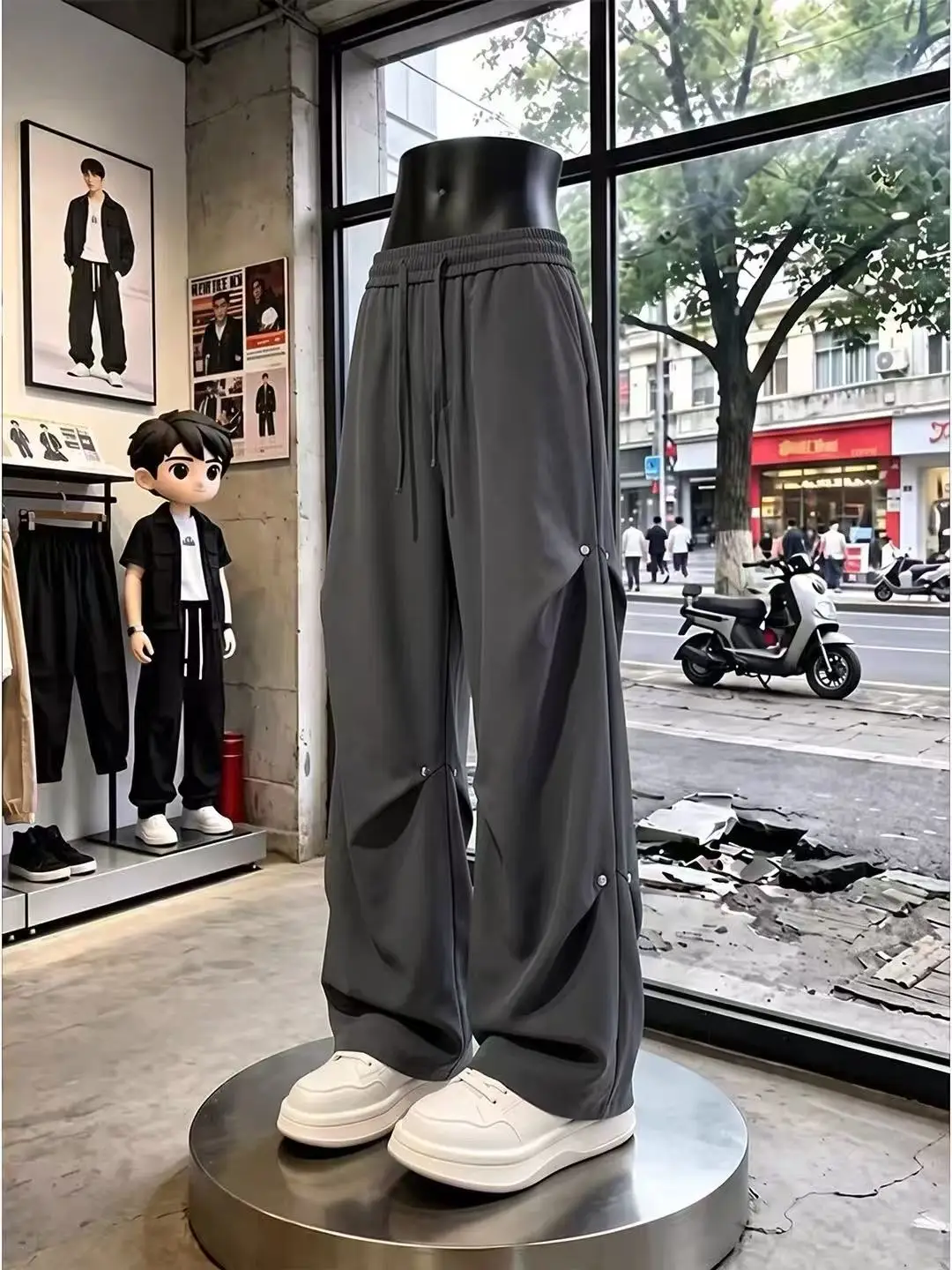 Quick Dry Ice Silk Loose Casual Pants Men's Summer Straight Leg Workwear Trousers with Rivets Drapey Comfortable Loose Fit