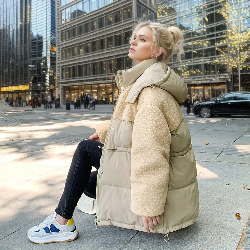 Women\'s Zipper Loose Fashion Cotton Coat Autumn Winter Women\'s Hooded Parkas new Solid Color Drawstring Button Jacket