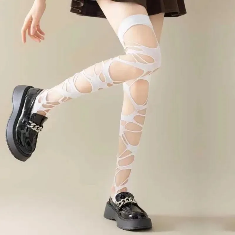 Punk Gothic Torn Strap Holes Fishnet Stockings Lolita Y2K Subculture Irregular Ripped Thigh High Socks Sexy Hollowed-out Hosiery