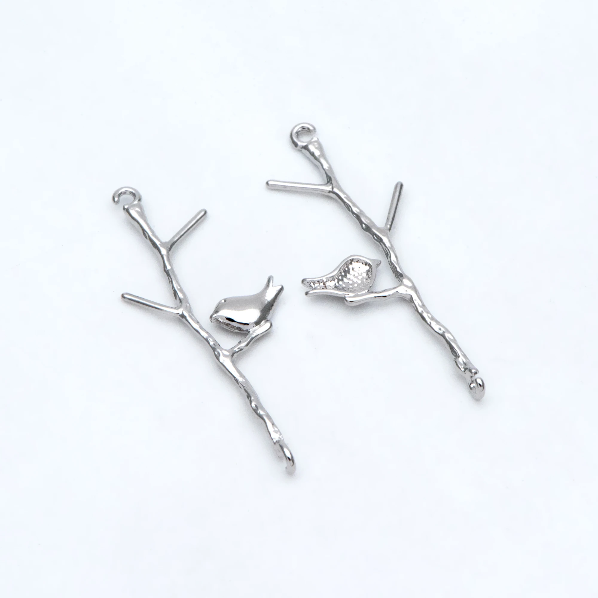 

10pcs Silver Tone Bird on Tree Pendants 33x12mm, Rhodium Plated Brass Branch Connectors, Leaf Charms with Two Loops (GB-968-2)