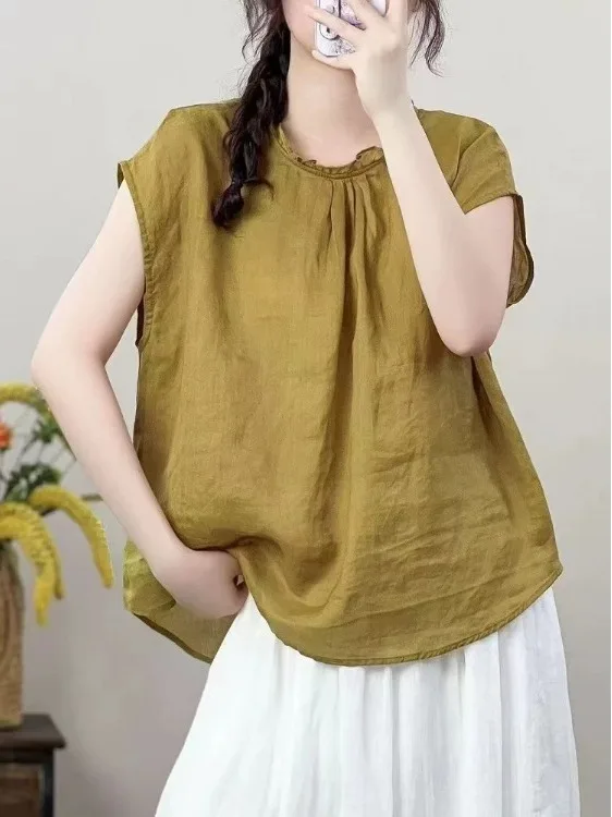 

Retro Cotton Linen Shirt Women's Summer Thin Pure Color Small Top Button Back Mushroom Collar Casual Loose Fit Breathable