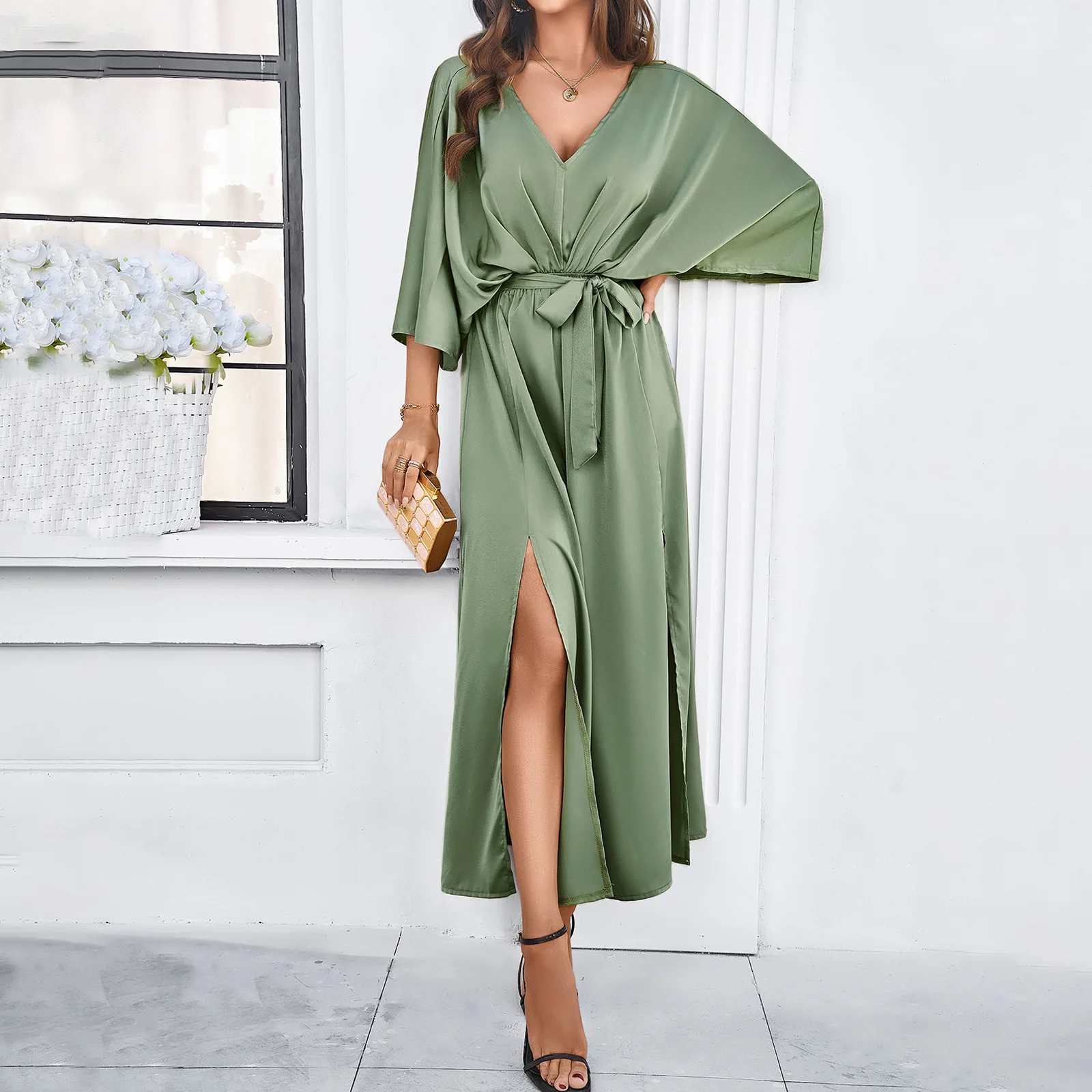

Women's 2025 Spring/Summer Elegant High Waist V-neck Loose Dress