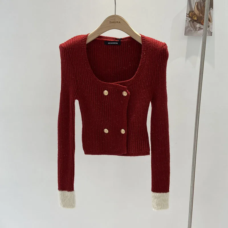 High Quality Women Winter New Sweet Cute Double-Breasted Short Section Long-Sleeved Knitted Cardigan Sweater Top