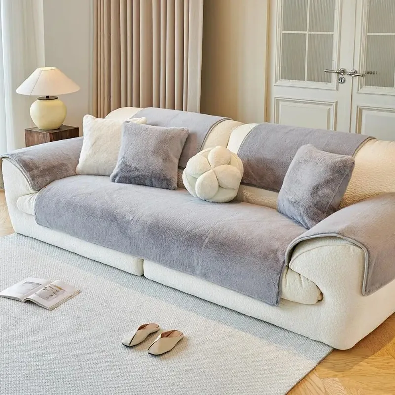 Solid Color Winter Plush Sofa Cushion Anti-Slip Thickened Warm Durable Dustproof Seat Cover Throw Blanket Machine Washable