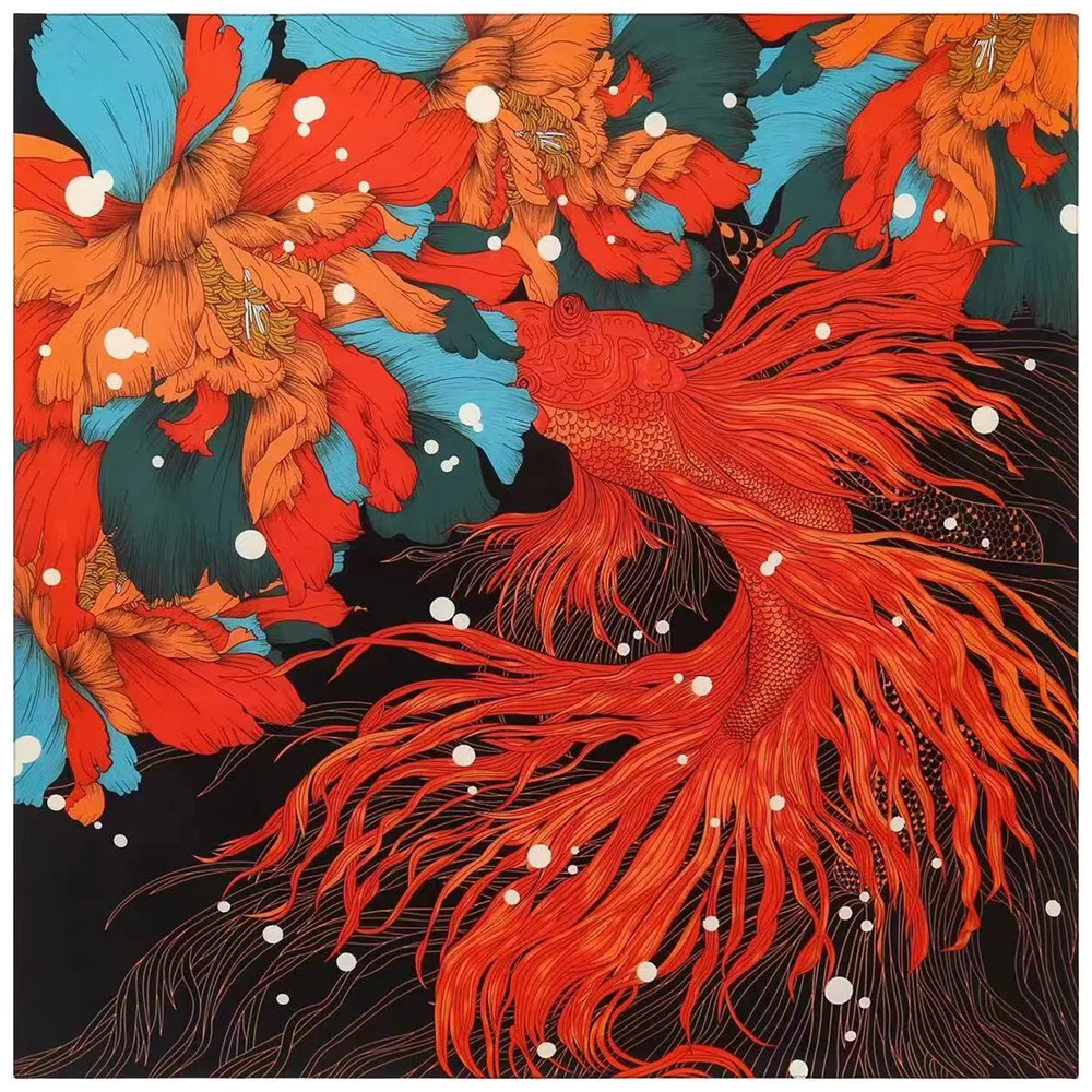 130CM*130CM Silk Scarf Women Large Shawls Luxury Goldfish Flower Design Square Scarves Echarpes Foulards Femme Neckerchief