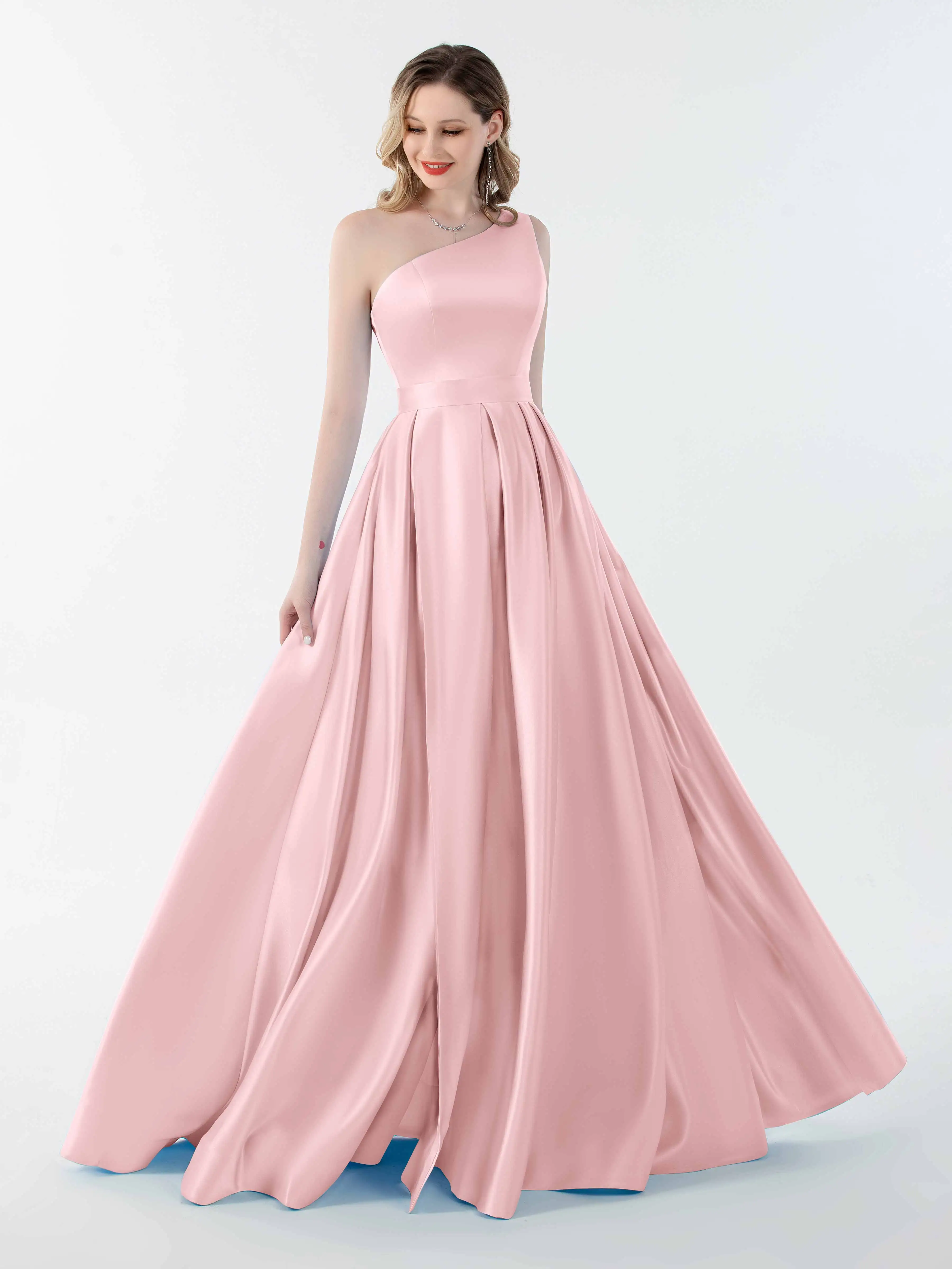 

Elegant One Shoulder Corset Satin Prom Dresses With Split Sleeveless Backless Formal Evening Party A-line Long Bridesmaid Gowns