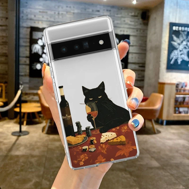 Cute Cat Goblet Drink Couple Phone Case for Google Pixel 9 Pro XL 8A 7 8 Pro 6A Funny Transparent Soft Cover Fundas