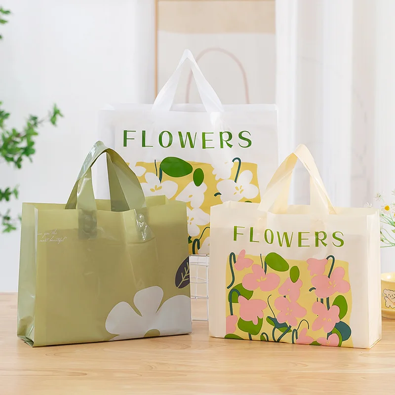 

50 шт. пластиковые пакеты с цветочным принтом и ручкой, подарочная упаковка, сумка для покупок для бизнеса