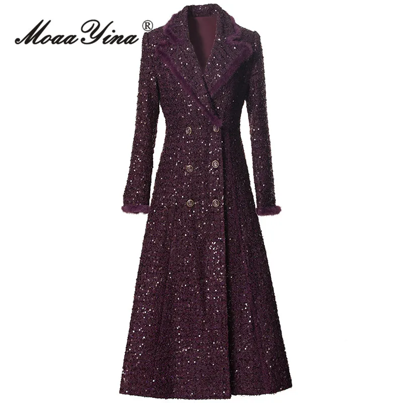 

MoaaYina Autumn And Winter Knitted Double Breasted Sequin Design Fashionable Street Coat
