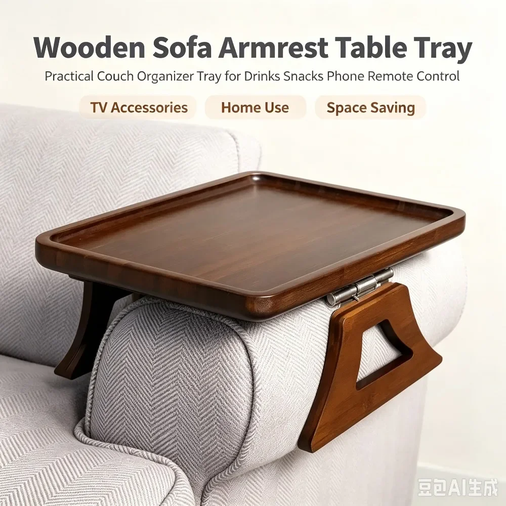 Wooden Sofa Armrest Table Tray Practical Couch Organizer Tray for Drinks Snacks Phone Remote Control TV Accessories Home Use